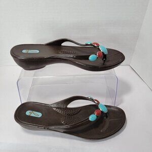 OKAL Womens Sandals Flip‎ Flop Thong Sz M/L Brown Turquoise Red Beach Boho Artsy